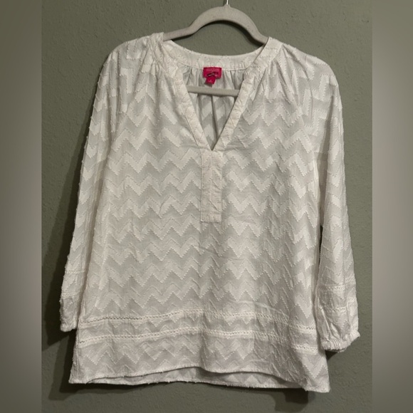 Trina Turk White 3/4 Sleeve V-Neck Blouse - Picture 3 of 9